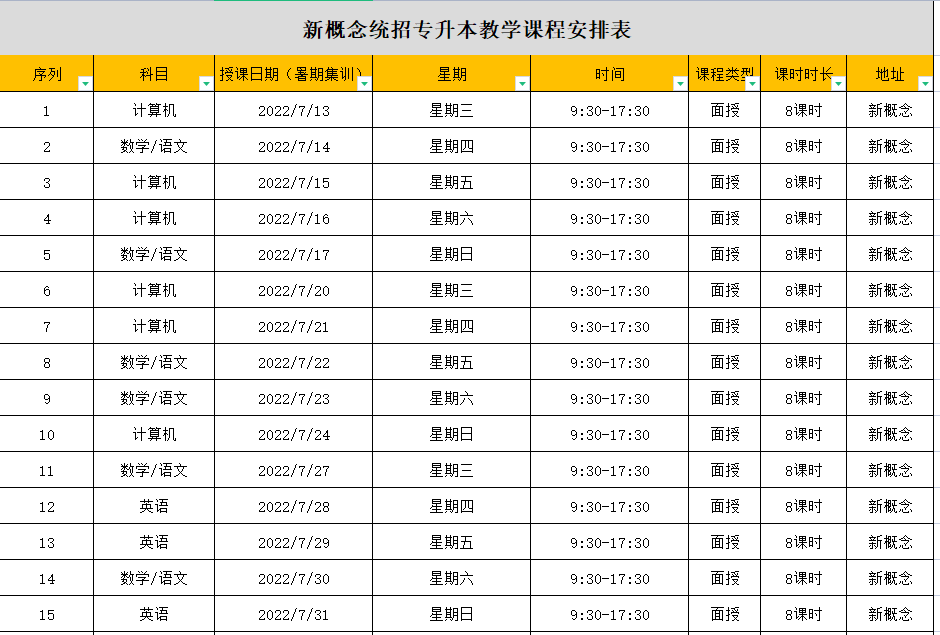 统招专升本教学课程安排表