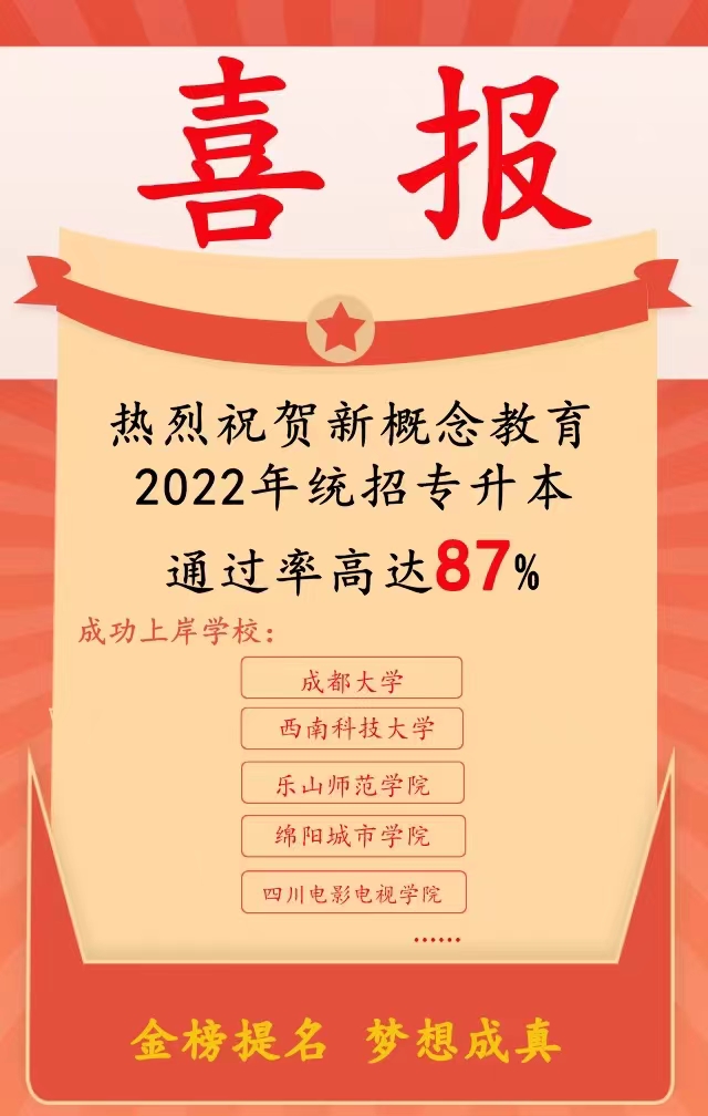 热烈祝贺新概念教育2022年统招专升本通过率高达87%